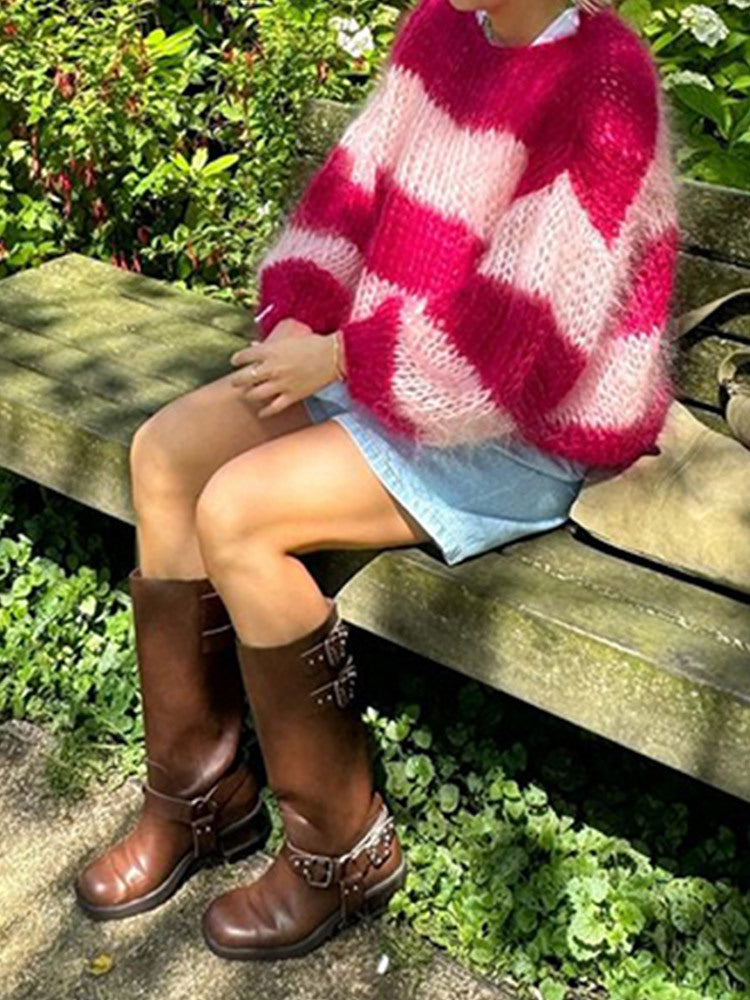 Women's oversized knit sweater with colorful block stripes NOVAE