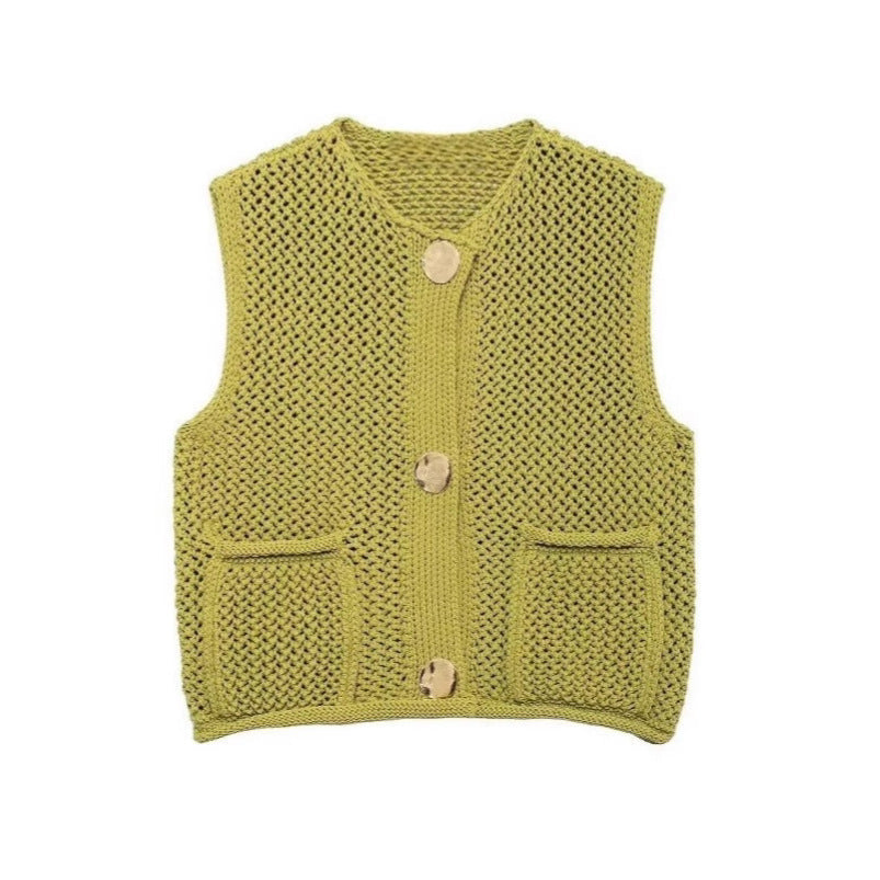 Women's knitted vest with a coarse mesh design and practical pockets NOVAE