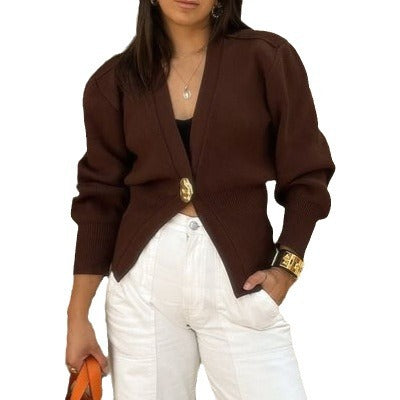 Women's elegant knit cardigan with deep V-neck and decorative button NOVAE