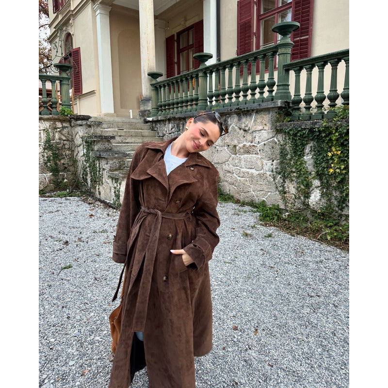 Women's elegant long trench coat made of high-quality suede NOVAE