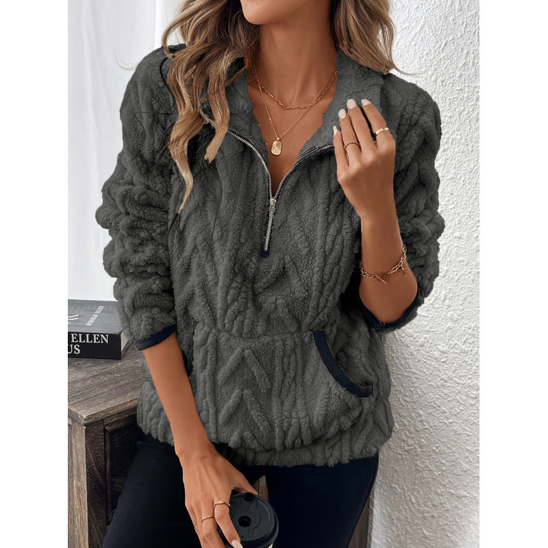Women's fluffy teddy sweater with half zipper and high collar NOVAE