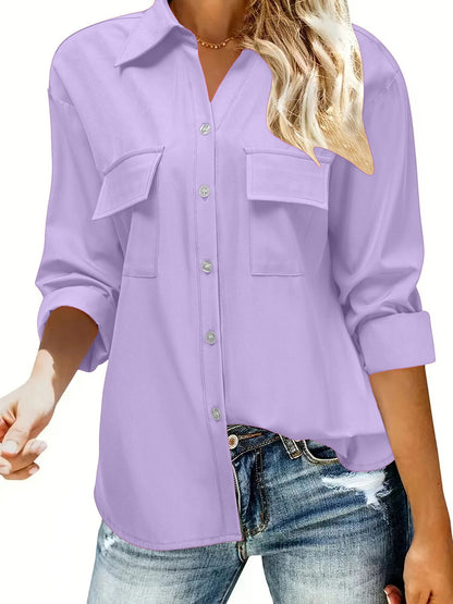 Women's casual long-sleeved blouse with practical chest pockets and button closure NOVAE