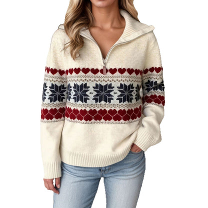 Women's knitted sweater with a nostalgic winter motif and high collar NOVAE