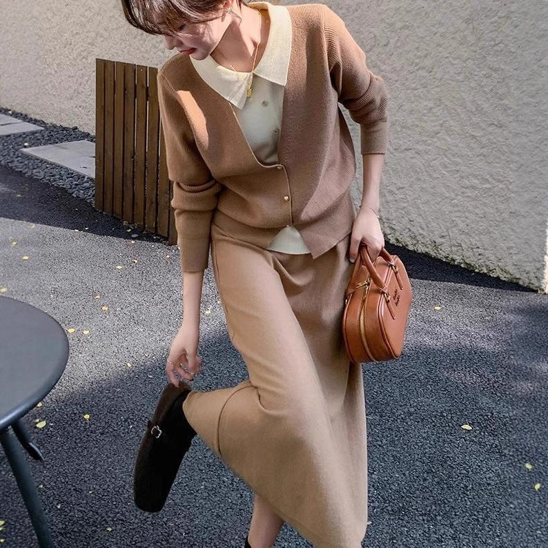 Women's knit ensemble with elegant blouse look and wide skirt NOVAE