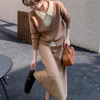 Women's knit ensemble with elegant blouse look and wide skirt NOVAE