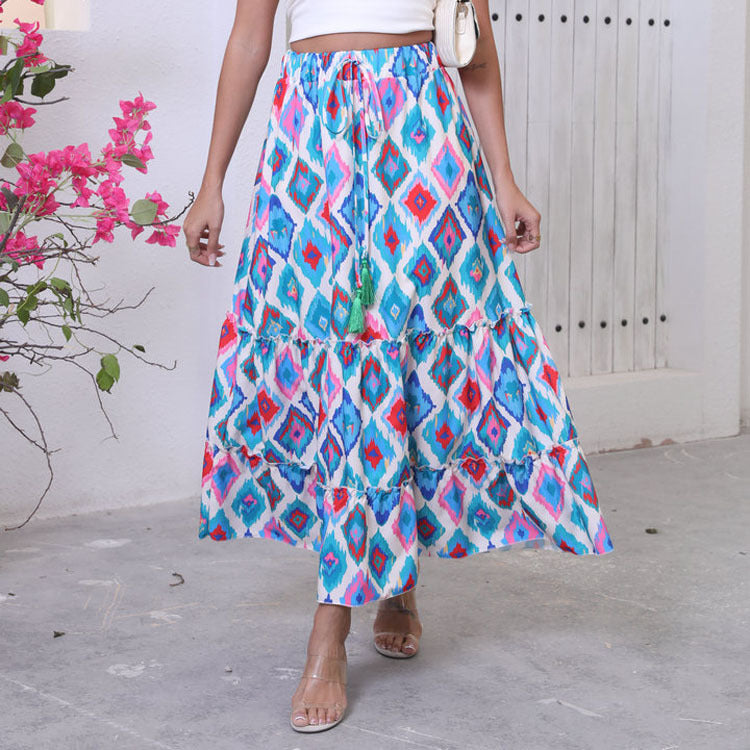 Women's long maxi skirt with cheerful tiered design and elastic waistband NOVAE