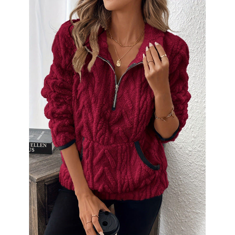 Women's fluffy teddy sweater with half zipper and high collar NOVAE