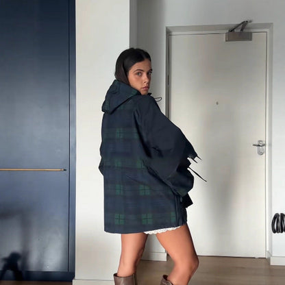 Women's oversized jacket in a casual plaid design with practical pockets and drawstring waist NOVAE