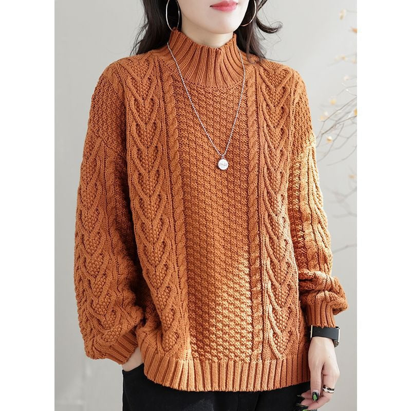 Women's chunky knit sweater with high collar and cable pattern NOVAE