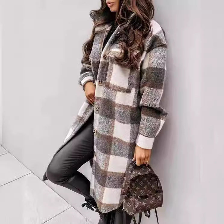 Women's Checkered Oversized Shirt Coat with Practical Pockets NOVAE