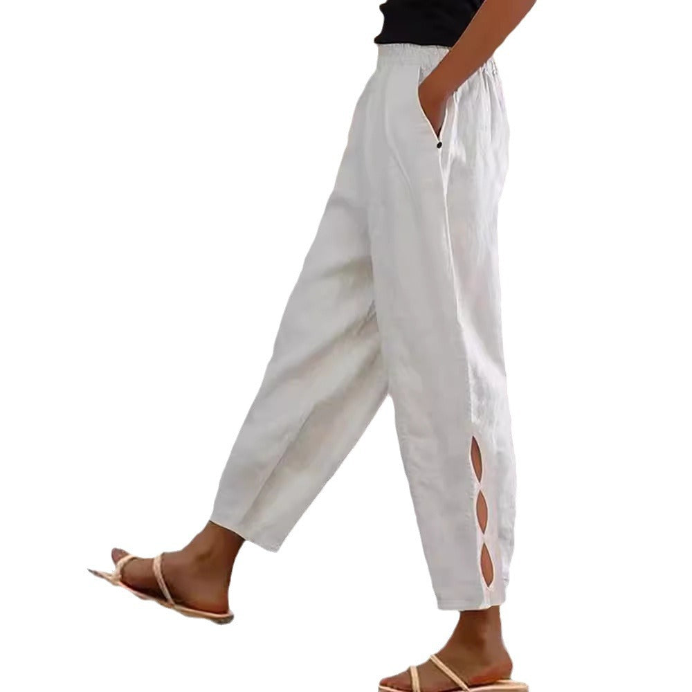 Women's lightweight linen trousers with side slits and elasticated waistband NOVAE