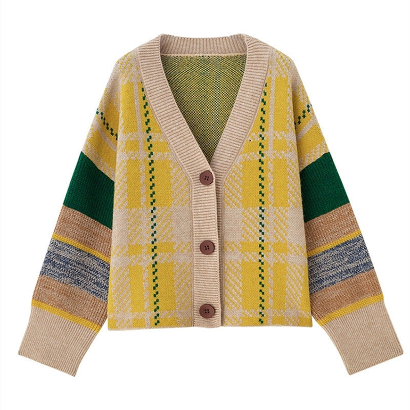 Women's chunky knit cardigan with colorful check pattern and large wooden buttons NOVAE