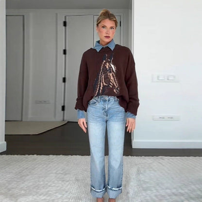 Women's sweatshirt with artistic animal motif and relaxed fit NOVAE