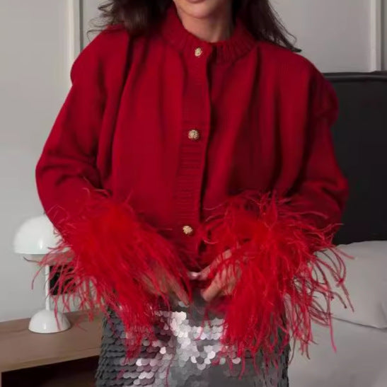 Women's cardigan with elegant fringed sleeves and gold buttons NOVAE