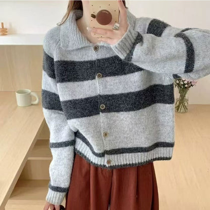 Women's cardigan with decorative collar and fashionable stripes NOVAE