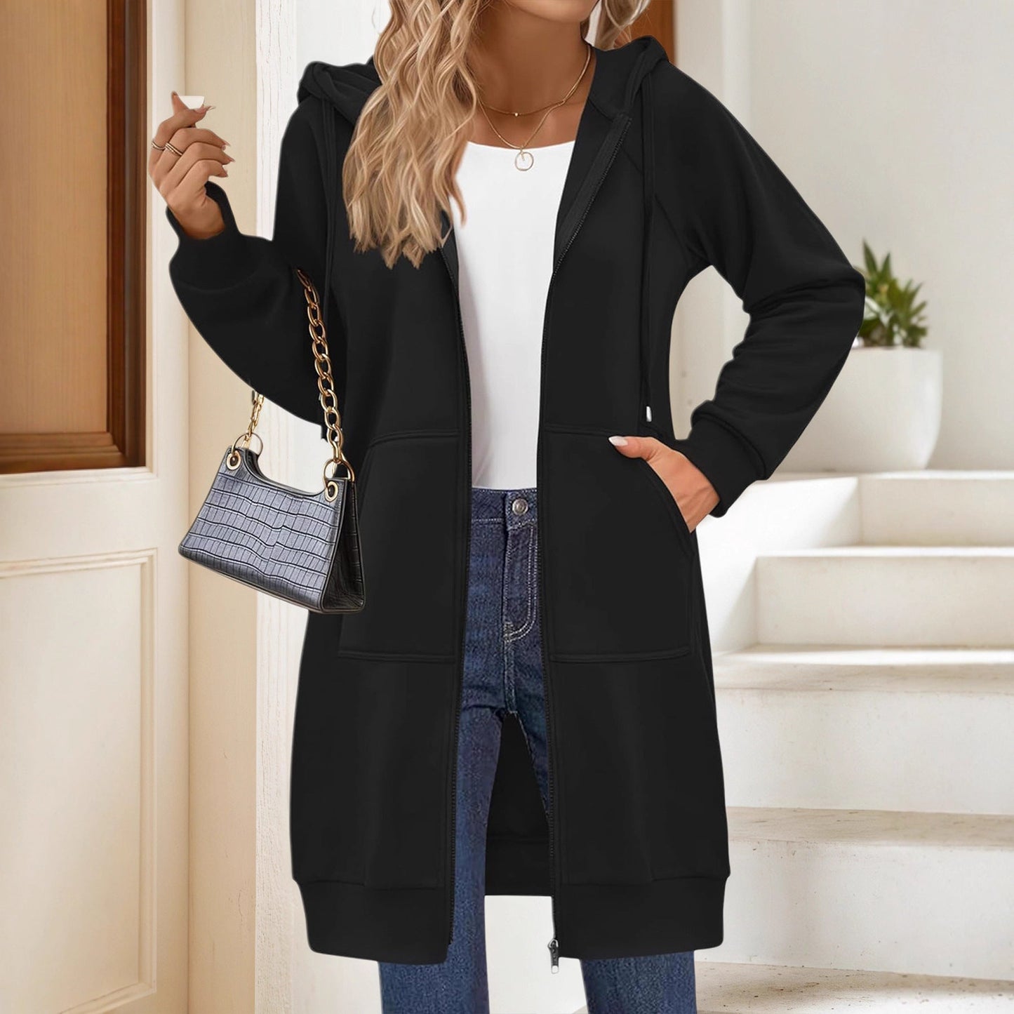 Women's Longer Hooded Coat with Side Pockets and High-Quality Zipper NOVAE