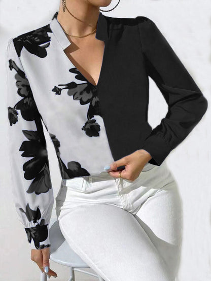 Women's blouse with unique floral pattern and elegant V-neck NOVAE