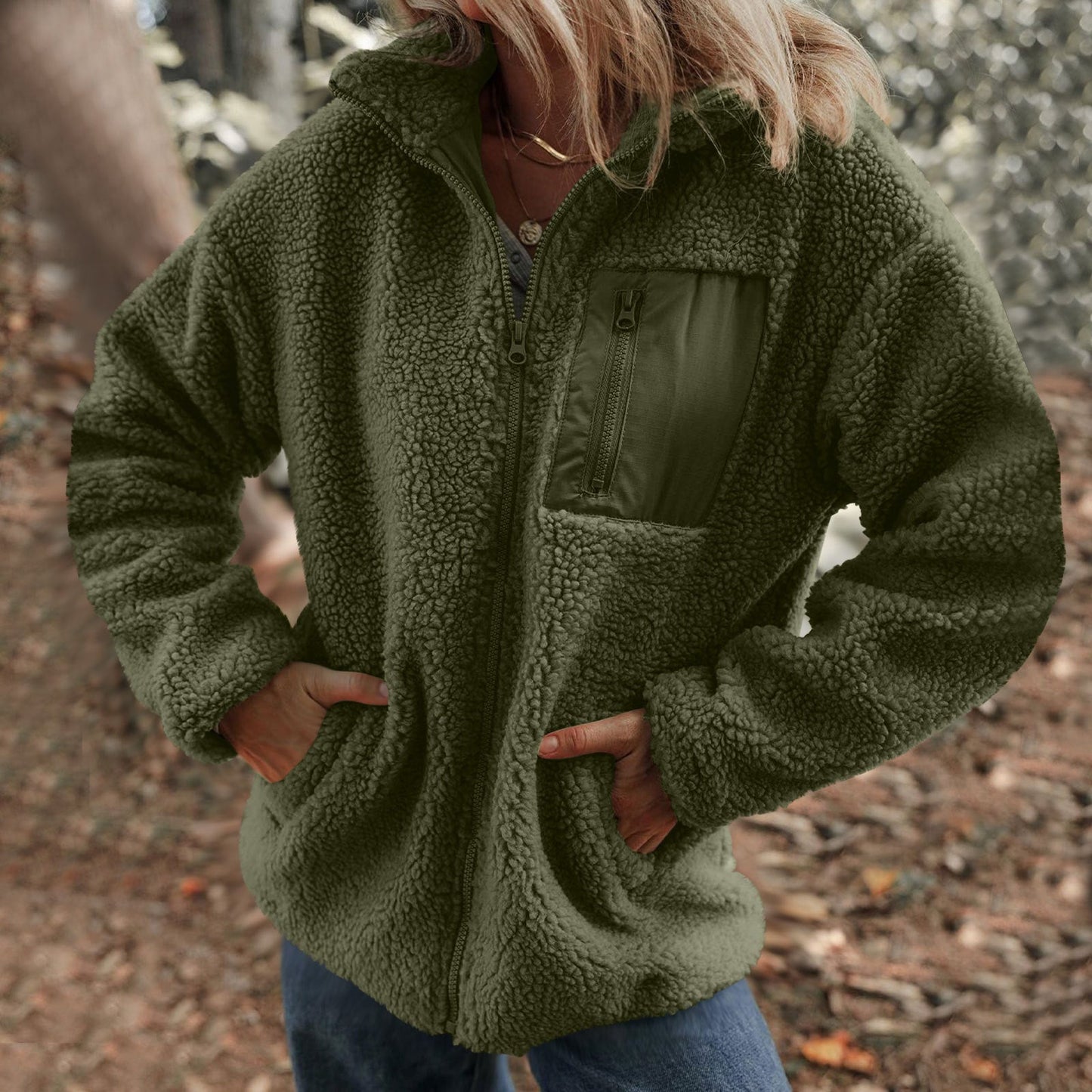 Women's fleece jacket with high-closing collar and practical chest pocket NOVAE