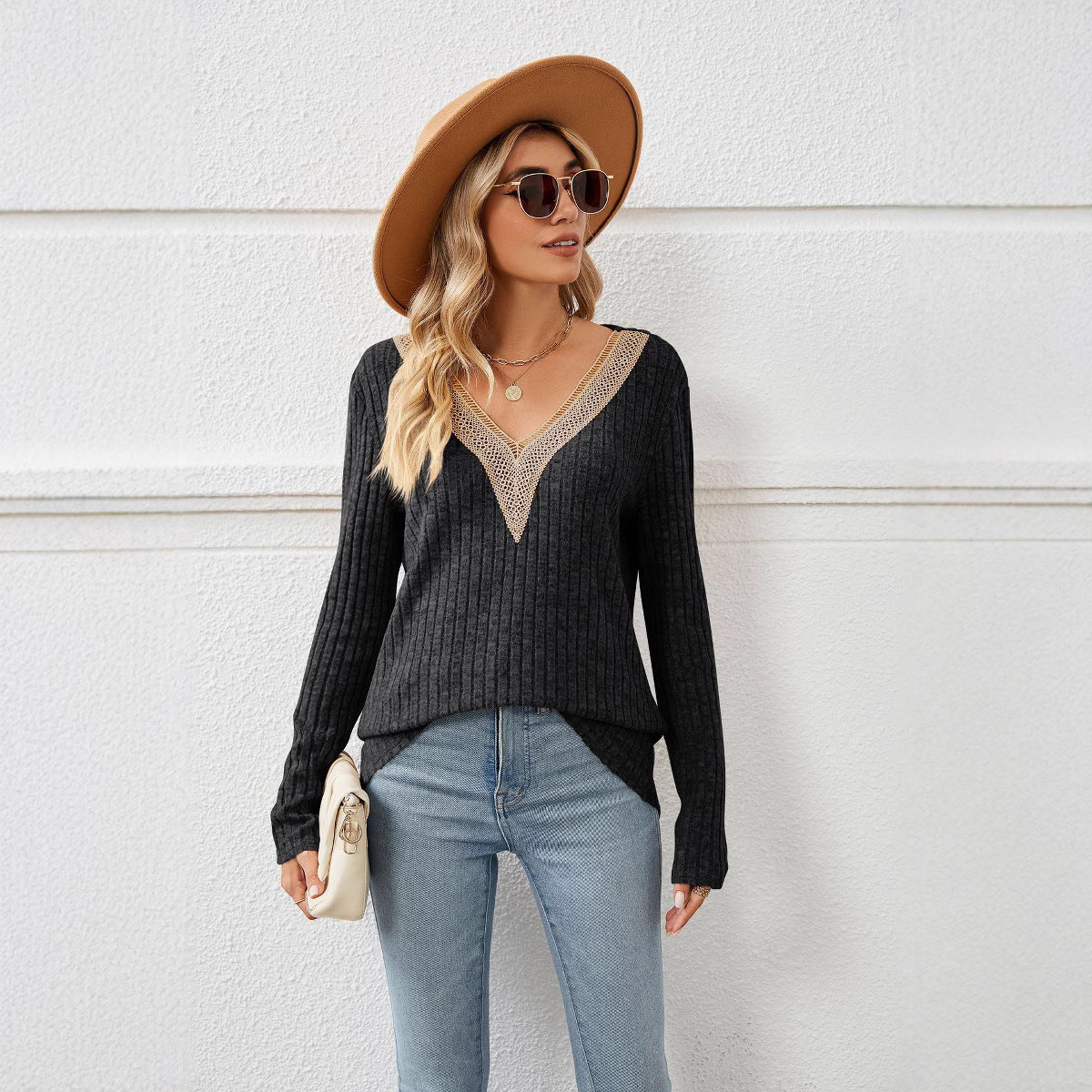 Women's V-neck knit sweater with romantic lace NOVAE