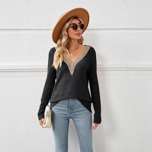 Women's V-neck knit sweater with romantic lace NOVAE