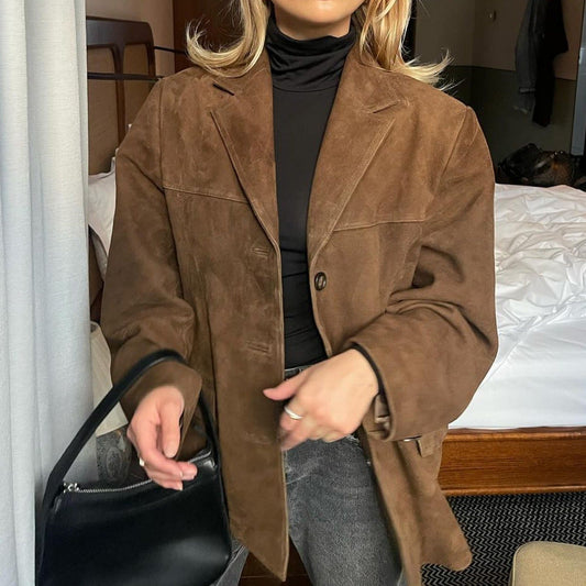 Women's Long Suede Coat with Adjustable Belt and Fashionable Collar NOVAE