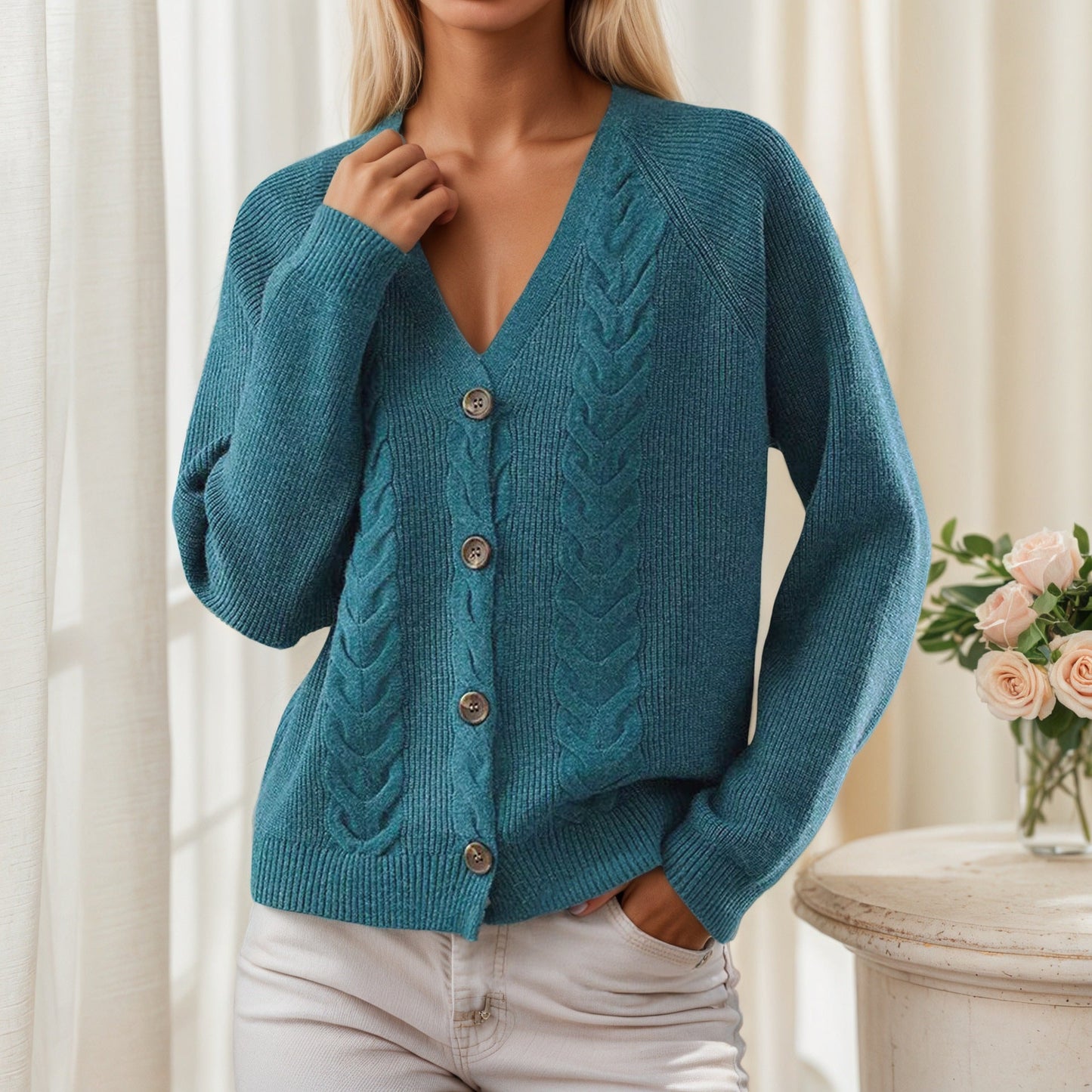 Women's cardigan with V-neck and trendy cable knit pattern NOVAE