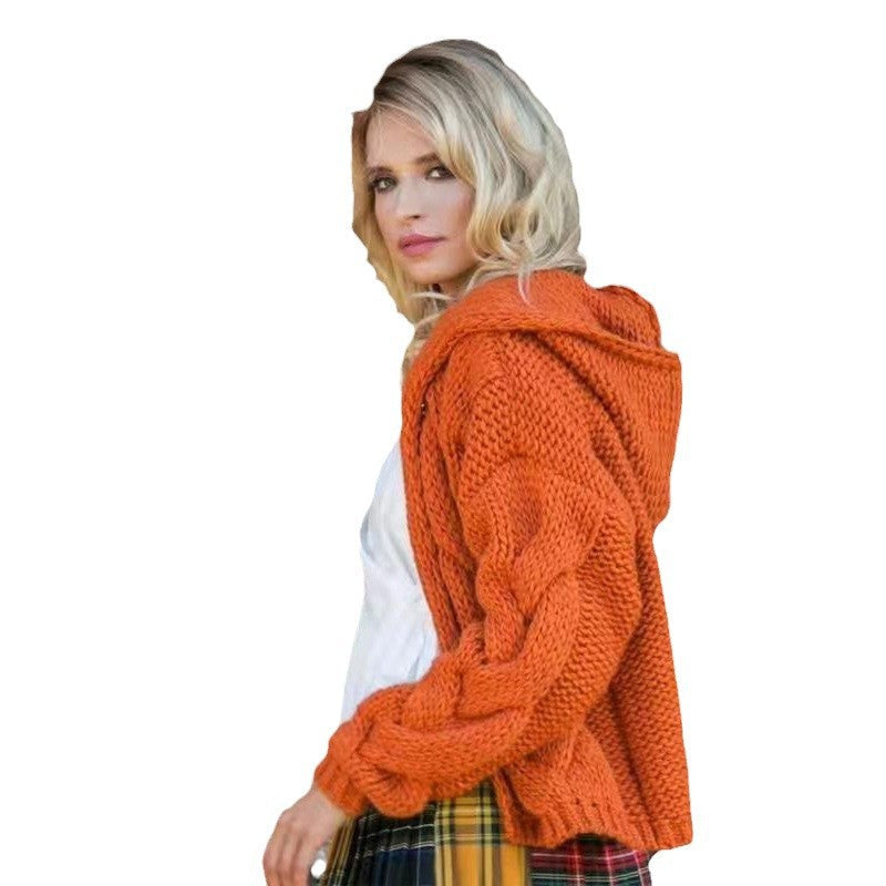 Women's knitted hooded jacket with voluminous fabric and cable knit pattern NOVAE