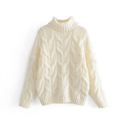 Women's chunky knit sweater with high collar and elegant cable pattern NOVAE