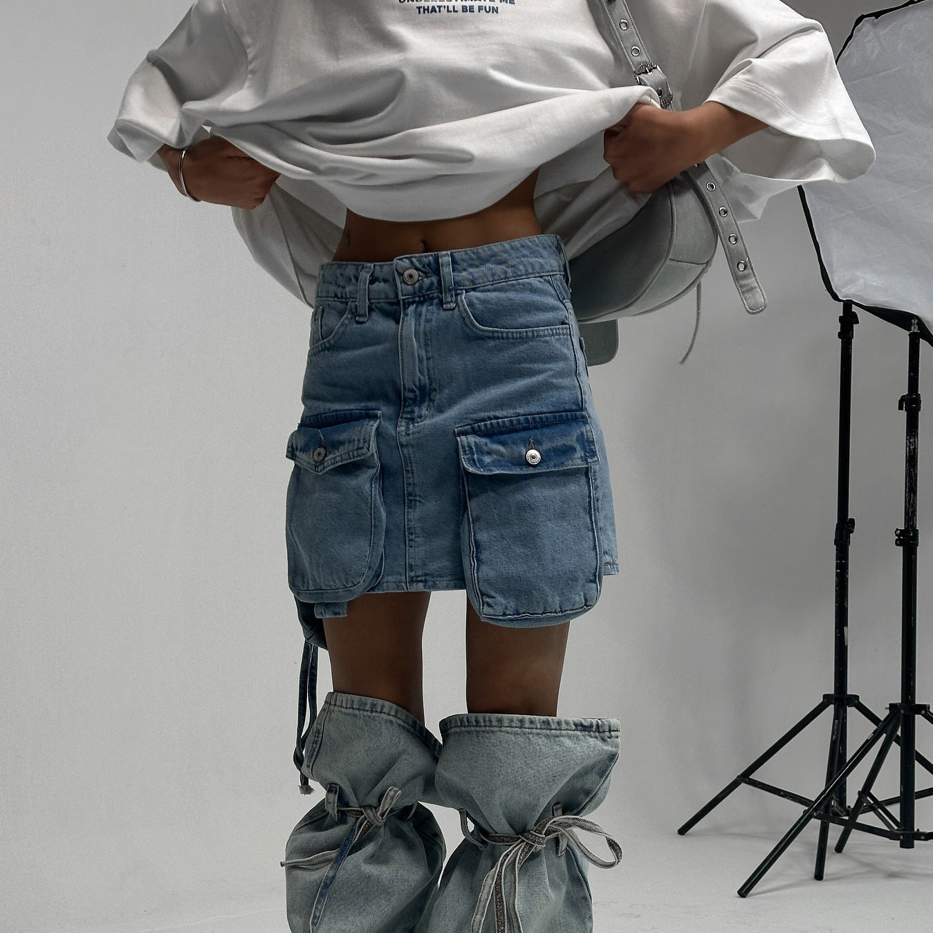 Women's denim skirt with practical pockets and adjustable waistband NOVAE