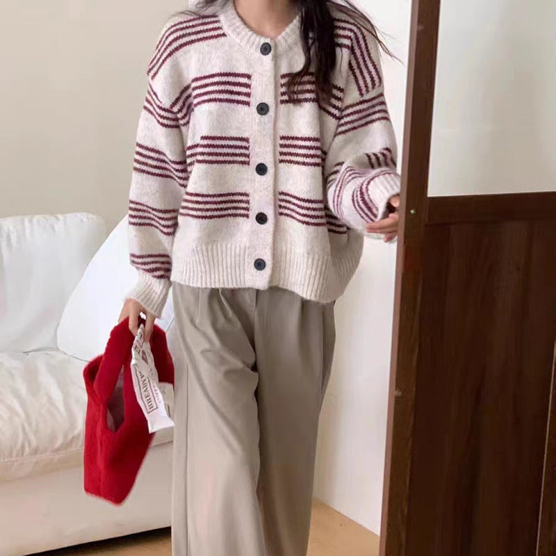 Women's fashionable cardigan with fine striped texture and decorative buttons NOVAE