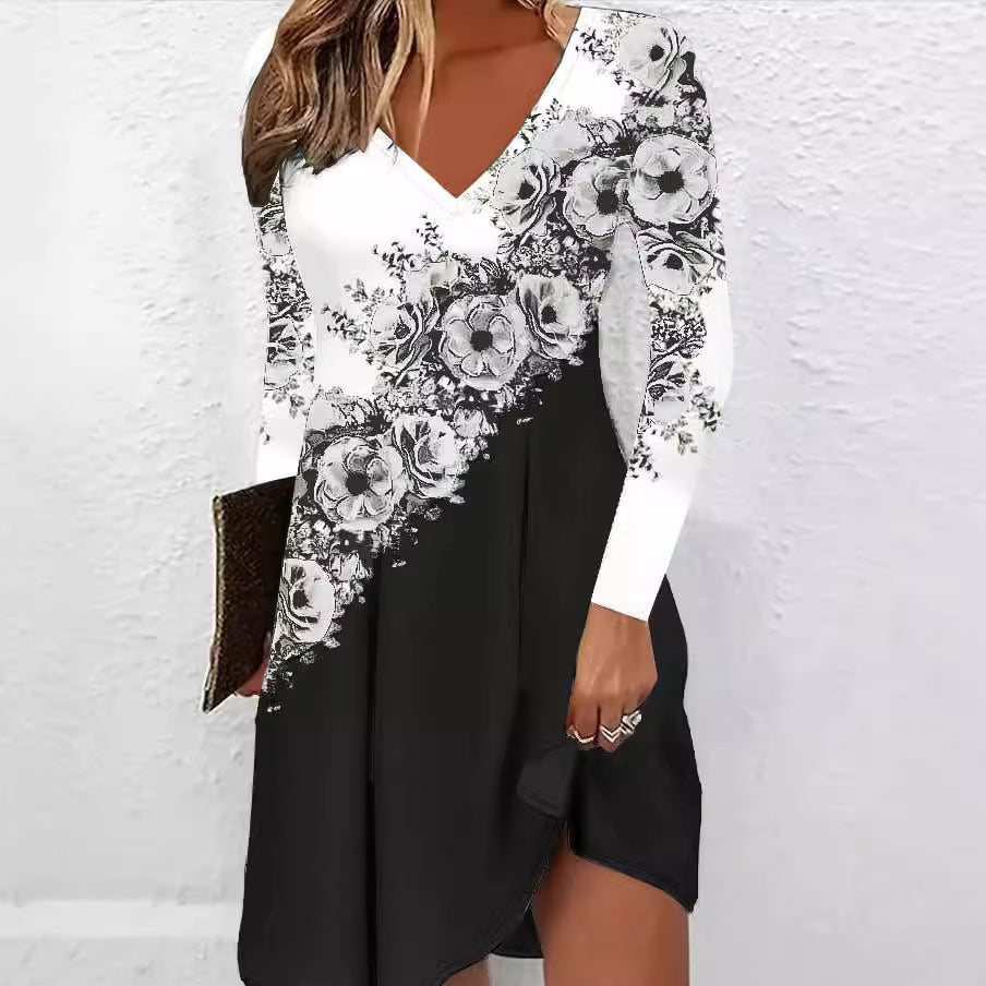 Women's V-neck dress with floral accents and asymmetrical cut NOVAE