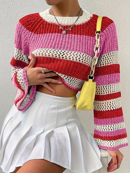 Women's knitted sweater with playful openwork pattern and colorful stripes NOVAE