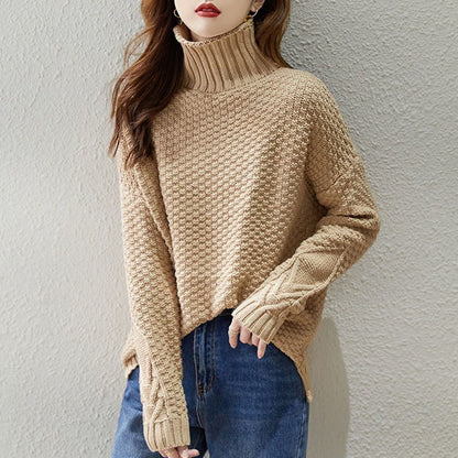 Women's chunky knit sweater with high collar and textured design NOVAE