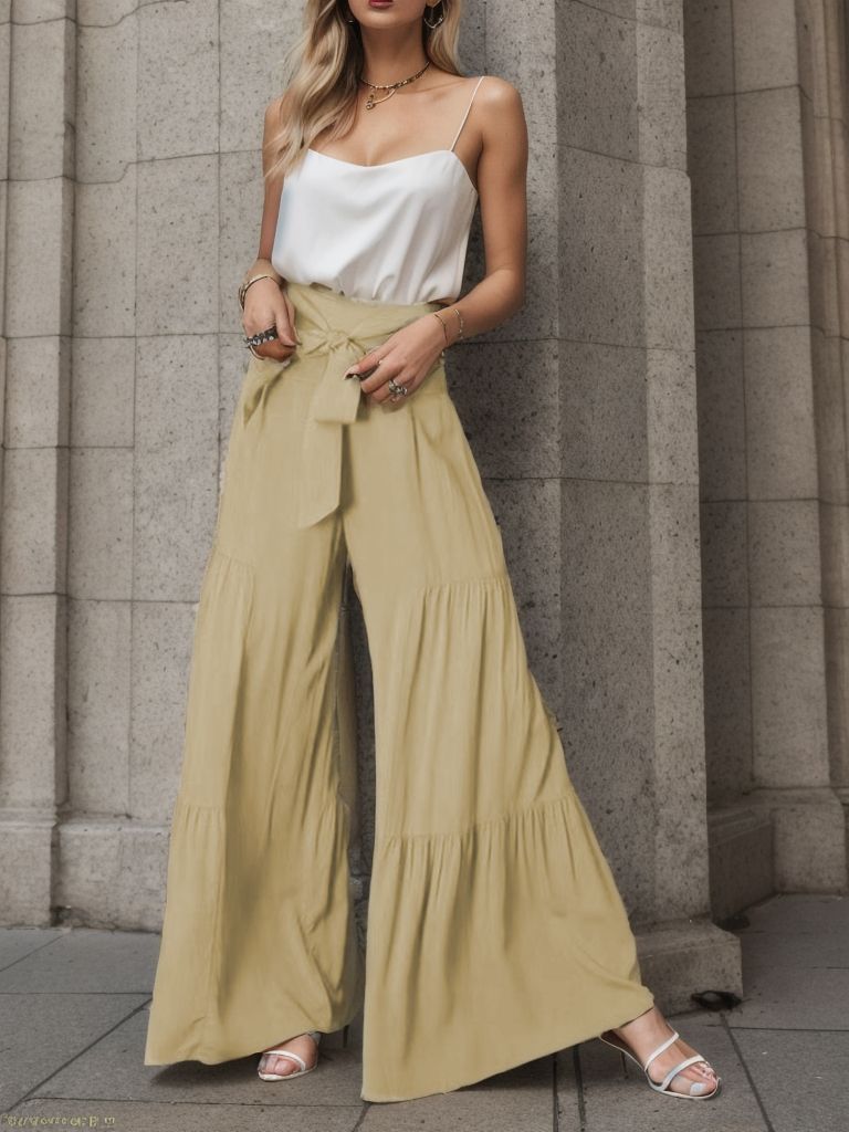 Women's wide-leg high-waisted trousers with elegant pleats and tie belt NOVAE