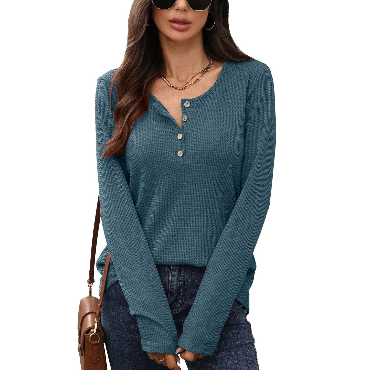 Women's waffle knit long-sleeved shirt with button placket NOVAE