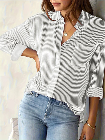Women's long-sleeved blouse with fine stripes and chest pocket NOVAE
