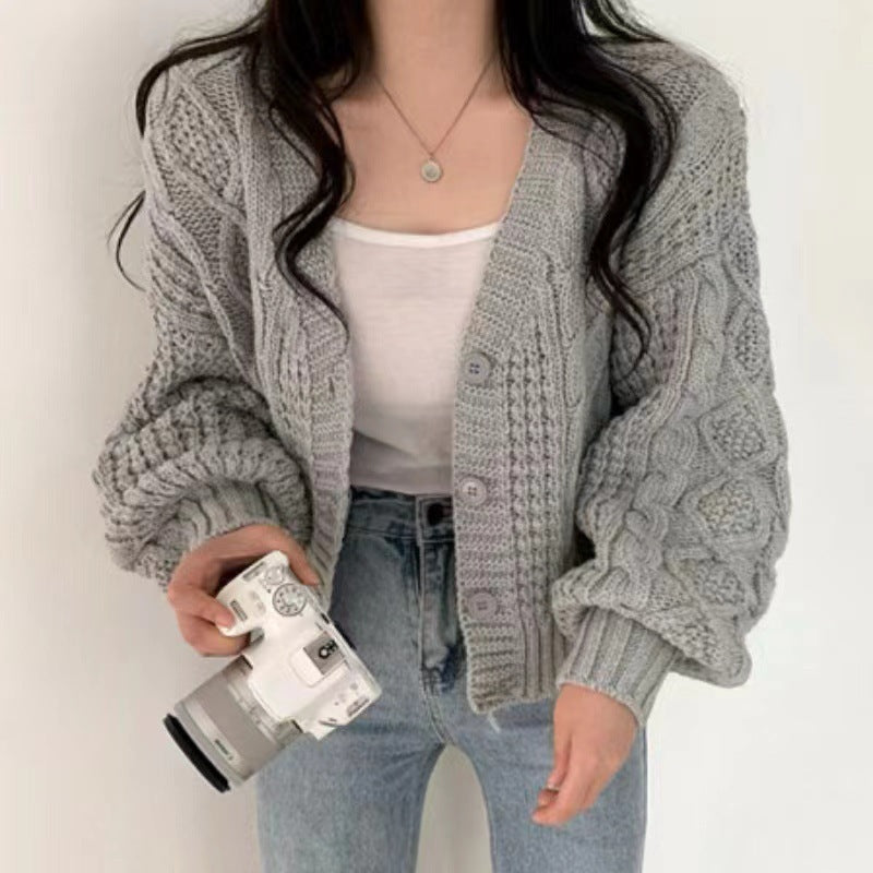 Women's chunky knit cardigan with voluminous sleeves and textured surface NOVAE