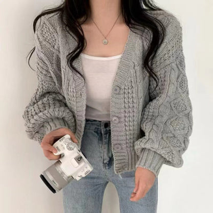 Women's chunky knit cardigan with voluminous sleeves and textured surface NOVAE