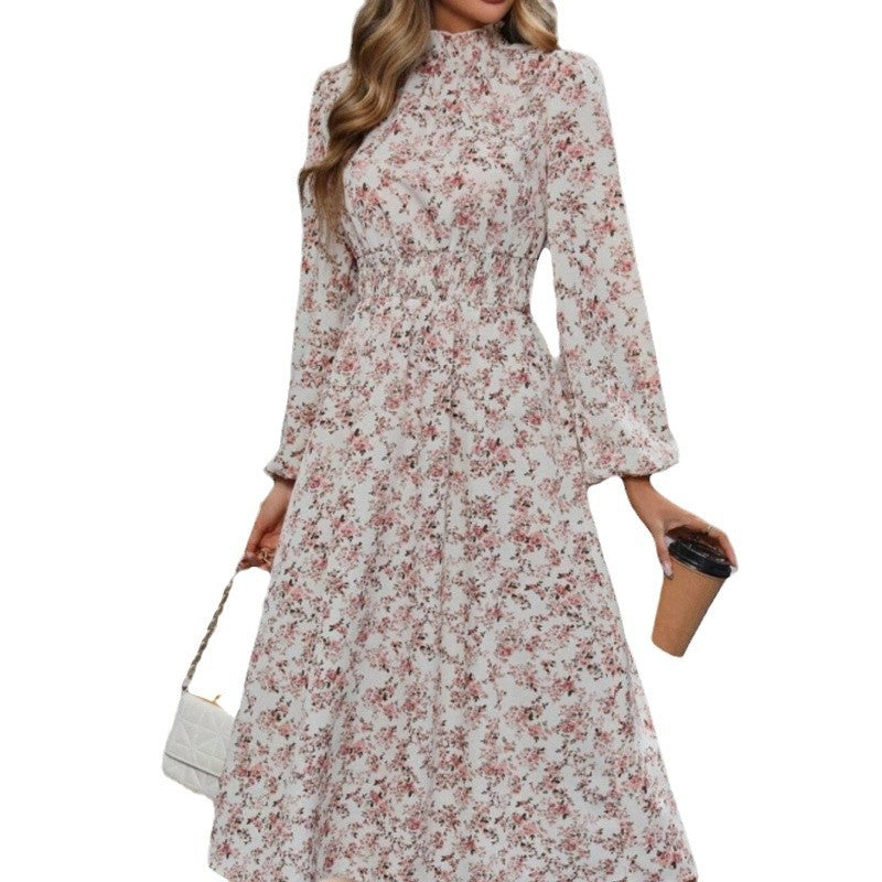Women's maxi dress with high neckline and floral details NOVAE
