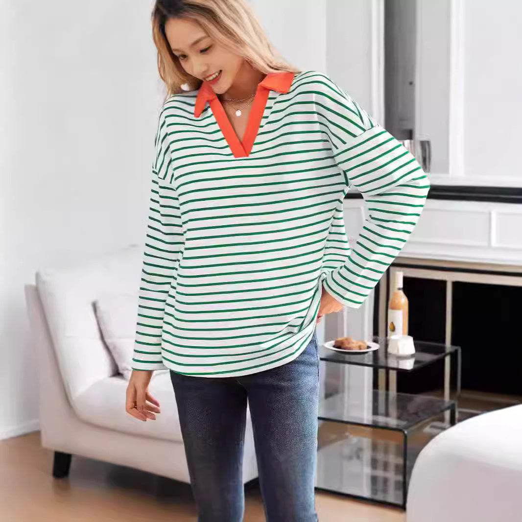 Women's striped polo shirt with V-neck and contrasting collar NOVAE