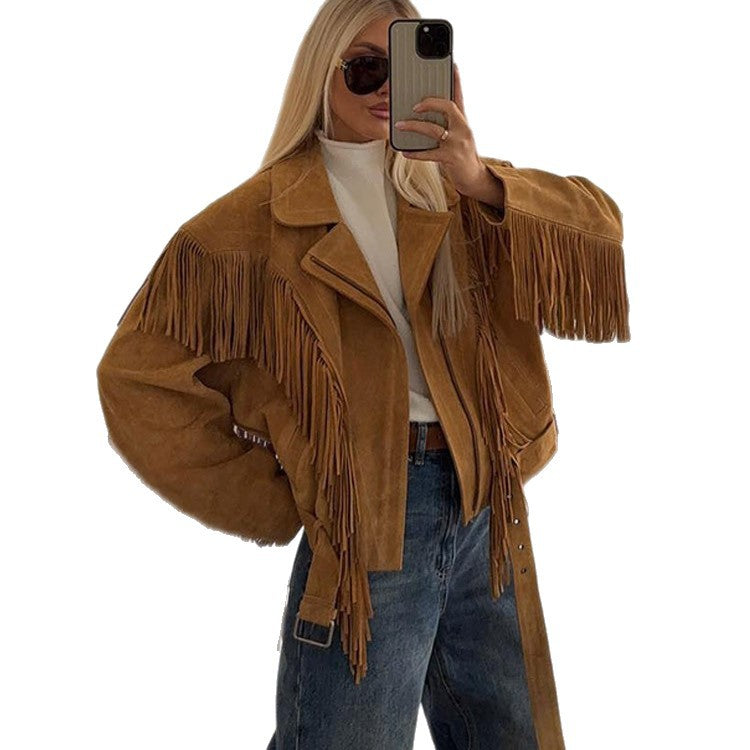 Women's leather jacket with fringe and waist belt NOVAE