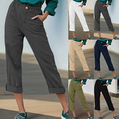 Women's Elegant Linen Trousers with Wide Leg and Turn-Up Hem NOVAE