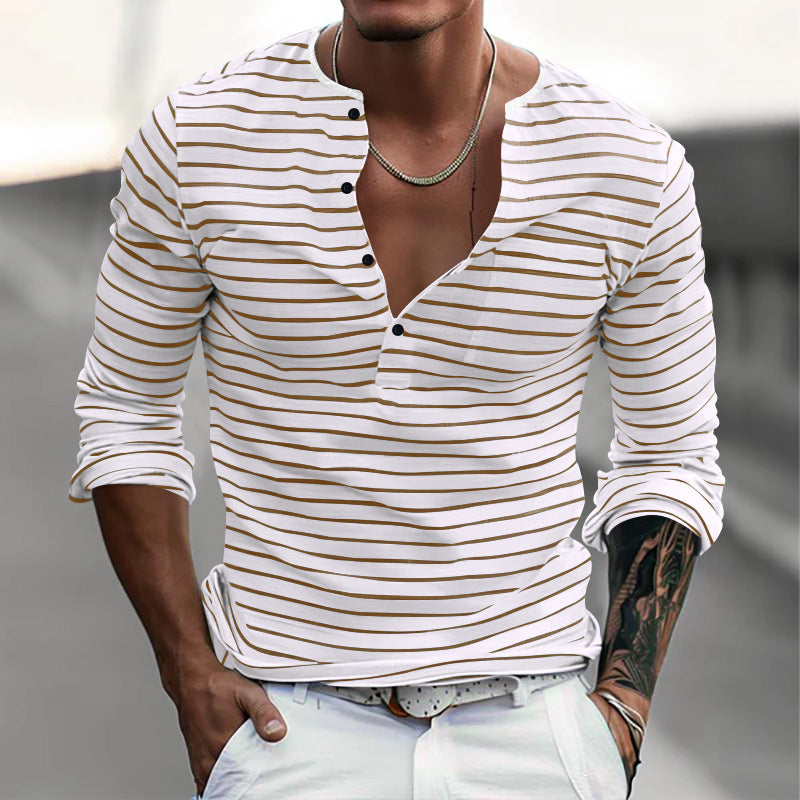 Men's striped long-sleeved shirt with button placket and V-neck NOVAE