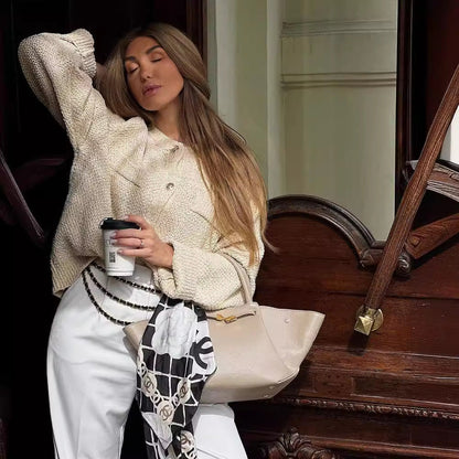 Women's cardigan with textured woven pattern and patch pockets NOVAE