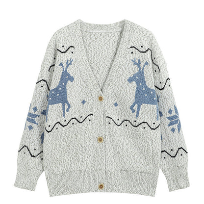 Women's Cozy Cardigan with Reindeer Motif and Pockets NOVAE