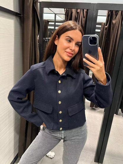 Women's fashionable short jacket with practical pockets and gold buttons NOVAE