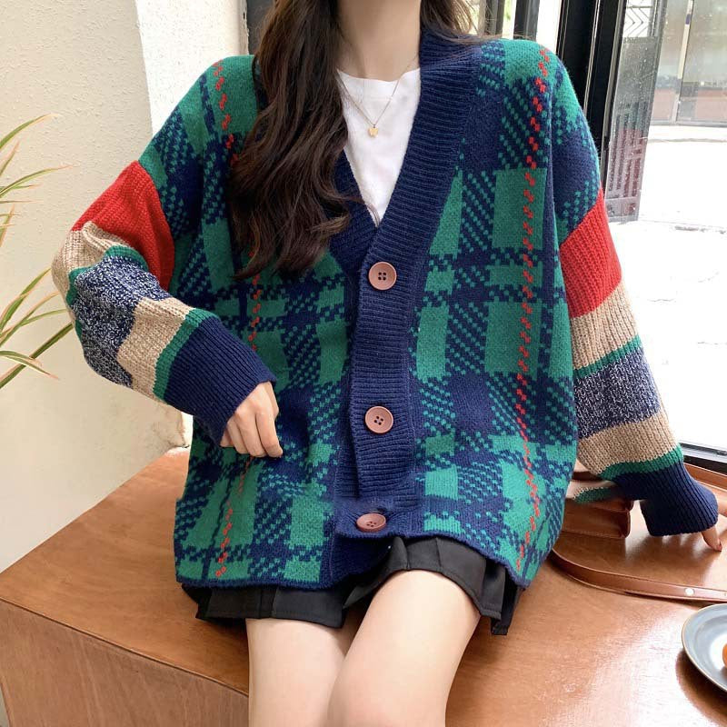 Women's chunky knit cardigan with colorful check pattern and large wooden buttons NOVAE