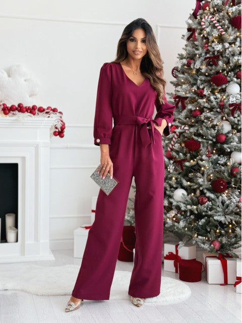 Women's Elegant Jumpsuit with Adjustable Belt and V-Neck NOVAE