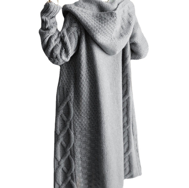 Women's knitted coat with hood and cable knit pattern NOVAE