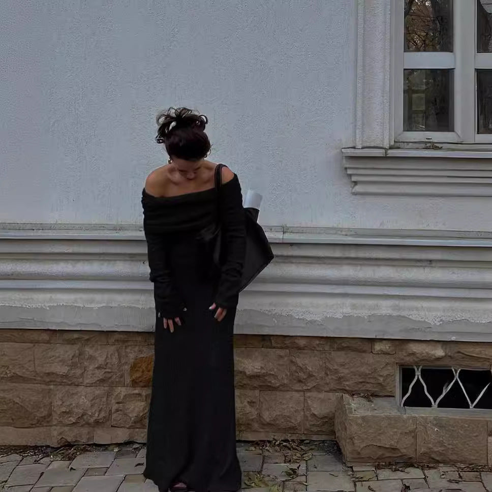 Women's Elegant Knit Maxi Dress with Off-Shoulder Neckline and Figure-Hugging Cut NOVAE